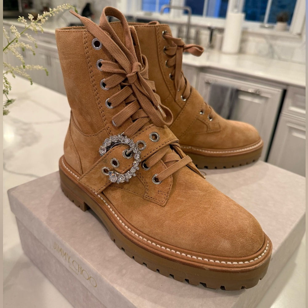 Jimmy Choo Cora Caramel Suede Combat Boots with Crystal Buckle